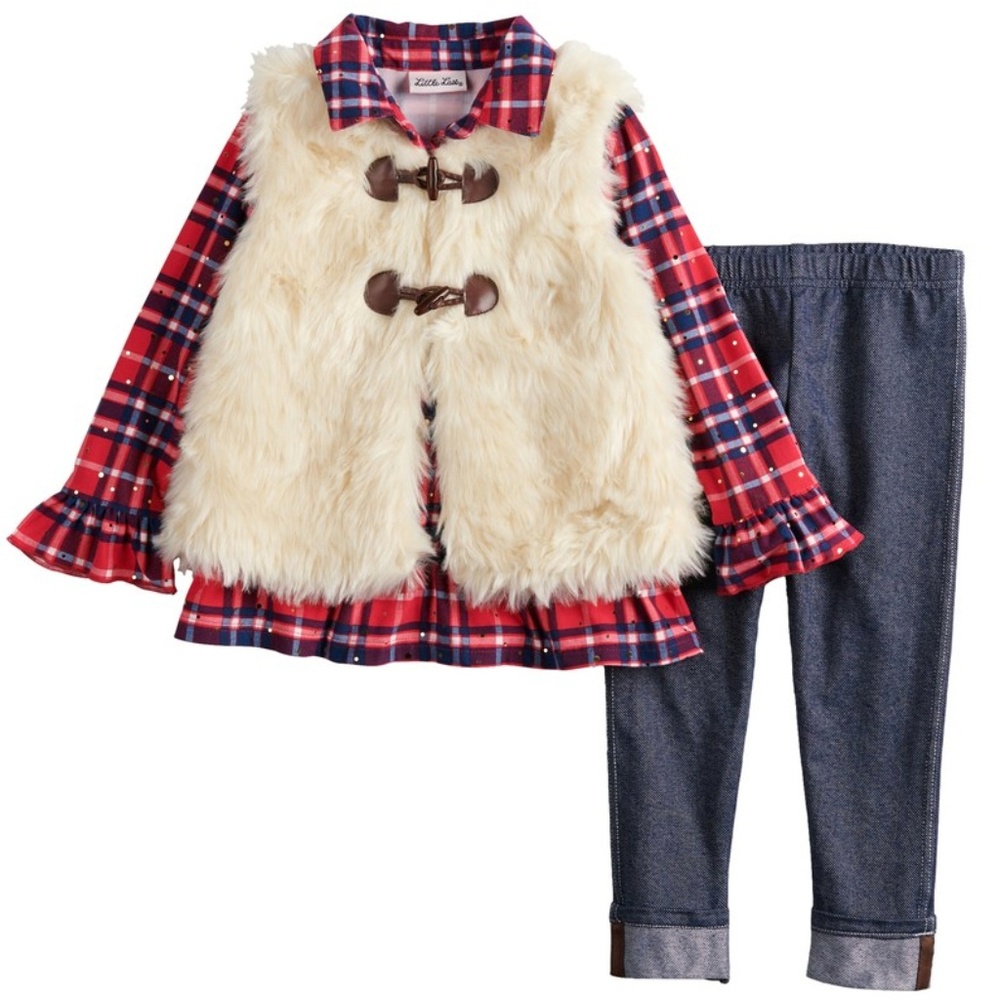 Plaid Sequin Henley Faux-Fur Vest & Jegging Set